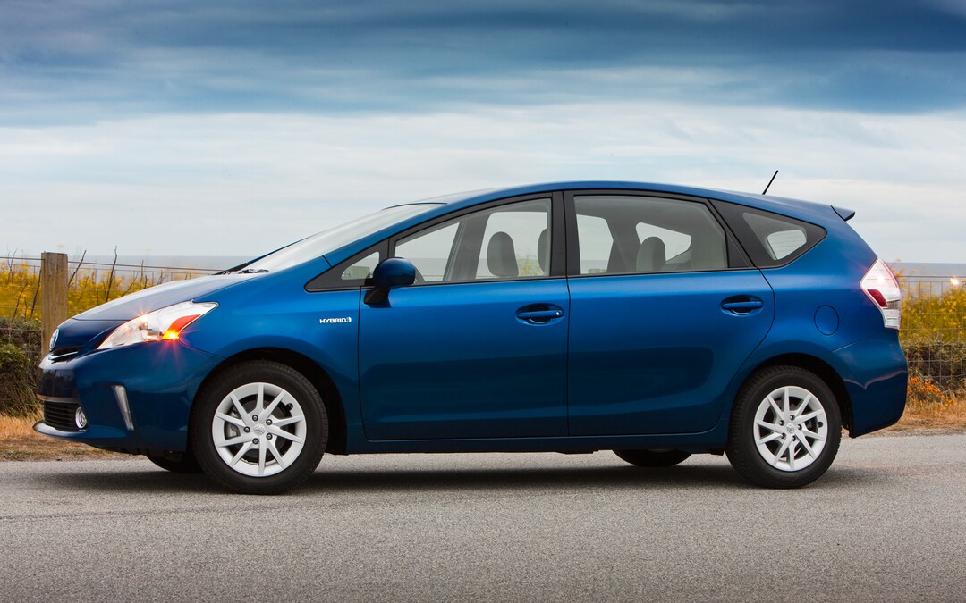 Blue Toyota Prius v long cargo-friendly profile